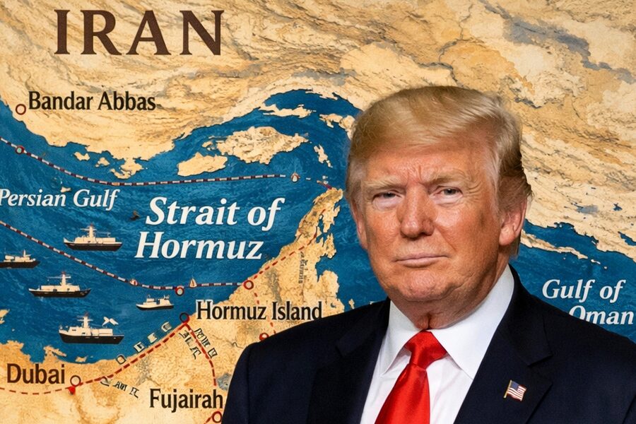 Donald Trump before a satellite map of the Strait of Hormuz labelled with Iran, Bandar Abbas, the Persian Gulf, Hormuz Island, the Gulf of Oman, Dubai, and Fujairah.