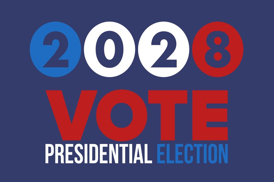 A graphic reading 2028, Vote, Presidential Election, set in blue, white, and red on a dark blue field.