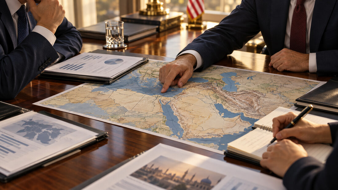 Three analysts reviewing a large map of the Middle East and North Africa spread across a conference table.