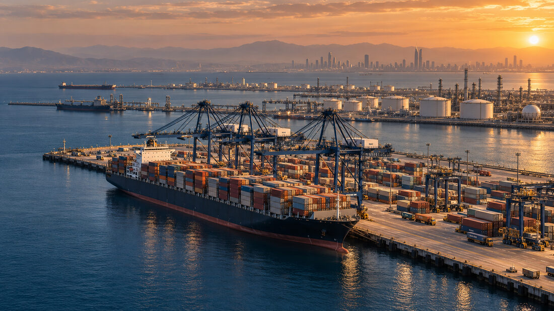 A container ship loaded with cargo at a commercial port at sunset, with gantry cranes and energy infrastructure along the waterfront.